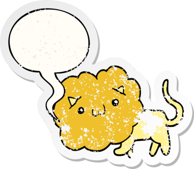 Konuşma baloncuğu olan sevimli çizgi film aslanı bir insan tarafından çizilmiş sıkıntılı, yaşlı bir çıkartma.