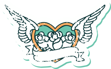 Bir insan tarafından çizilmiş çiçek ve pankartıyla uçan bir kalbin sembolik dövmeli resmi.