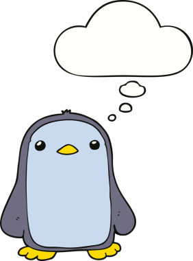 Bir insan tarafından çizilmiş düşünce baloncuklu sevimli penguen.