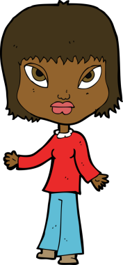 Bir insan tarafından çizilmiş açık kollu çizgi film kadını.