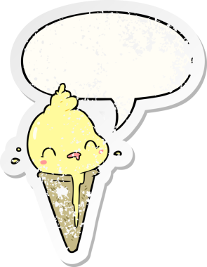 Konuşma baloncuklu tatlı çizgi film dondurması bir insan tarafından çizilmiş sıkıntılı eski bir çıkartma