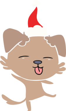 Bir insan tarafından çizilmiş Noel Baba şapkası giymiş dans eden bir köpeğin düz renkli çizimi.