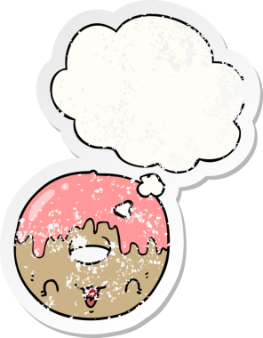 Düşünce baloncuğu olan tatlı çizgi film çörekleri insan tarafından çizilmiş yıpranmış bir çıkartma gibi.