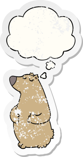 Düşünce baloncuğu olan çizgi film ayısı bir insan tarafından çizilmiş yıpranmış bir çıkartma.