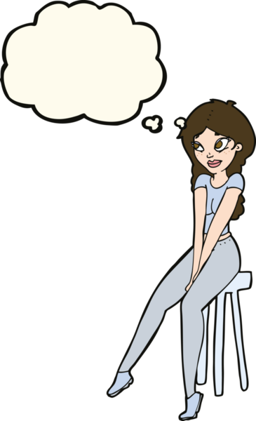 Bir insan tarafından çizilmiş düşünce baloncuğuyla taburedeki güzel kız.