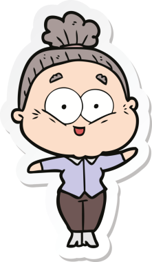 Bir insan tarafından çizilmiş mutlu yaşlı bir kadının çıkartması.