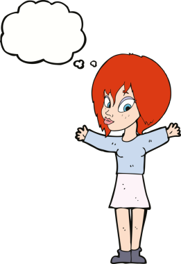 Bir insan tarafından çizilmiş düşünce balonlu açık kollu çizgi film kadını.