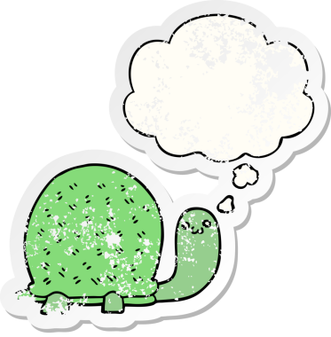 Düşünce baloncuğu olan sevimli çizgi film kaplumbağası insan tarafından çizilmiş yıpranmış bir çıkartma.