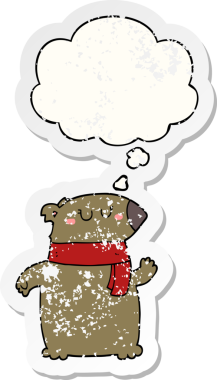 Düşünce baloncuklu eşarplı çizgi film ayısı bir insan tarafından çizilmiş yıpranmış bir çıkartma gibi.