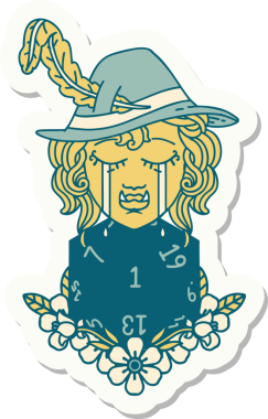 Hüzünlü bir yarım ork ozan karakterinin çıkartması. Bir insan tarafından çizilmiş doğal bir d20 rulo.