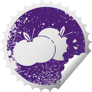 Bir insan tarafından çizilmiş sulu bir elmanın kırmızı kabuk soyma etiketi.