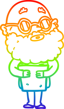 Gökkuşağı gradyan çizgi çizimi. Bir insan tarafından çizilmiş sakallı ve gözlüklü meraklı bir adamın çizimi.