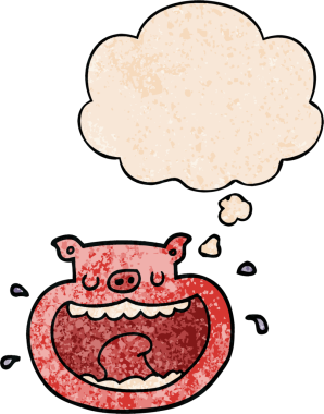 Bir insan tarafından çizilmiş grunge desenli düşünce baloncuklu iğrenç domuz çizgi filmi.