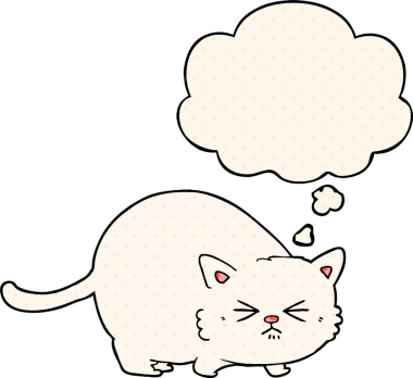 Çizgi roman tarzında bir insan tarafından çizilmiş düşünce baloncuklu kızgın bir kedi.