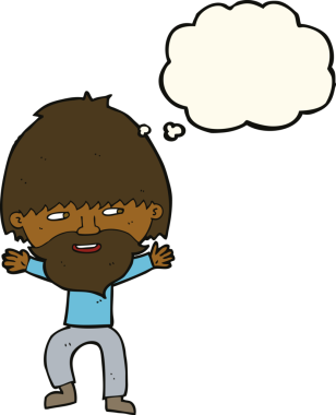 Bir insan tarafından çizilmiş düşünce balonlu sakallı mutlu adam çizgi filmi.