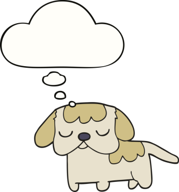 Bir insan tarafından çizilmiş düşünce baloncuğu olan şirin bir çizgi film köpeği.