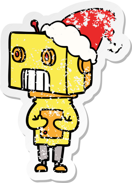 Bir insan tarafından çizilmiş Noel Baba şapkası takan bir robotun çizilmiş el yazısı.