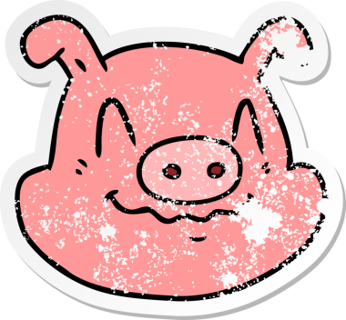 Bir insan tarafından çizilmiş domuz suratlı karikatür çıkartması.