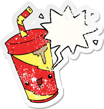 Tatlı karikatür gazozu, konuşma baloncuğu bir insan tarafından çizilmiş sıkıntılı eski bir çıkartma.