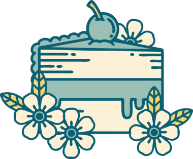 Bir dilim pasta ve bir insanın çizdiği çiçeklerin ikonik dövme şekli.