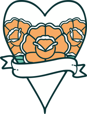 İkonik dövme stili bir kalp ve bir insan tarafından çizilmiş çiçekli pankart.