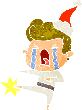 Bir insan tarafından çizilmiş, ağlayan, Noel Baba şapkası takan bir adamın retro karikatürü.
