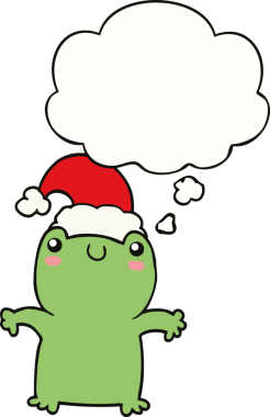 Bir insan tarafından çizilmiş düşünce baloncuklu Noel şapkası takan sevimli bir kurbağa.