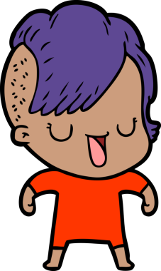 Bir insan tarafından çizilmiş hippi saç kesimli sevimli bir çizgi film kızı.