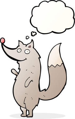 Bir insan tarafından çizilmiş düşünce balonlu bir kurt sallayan çizgi film.