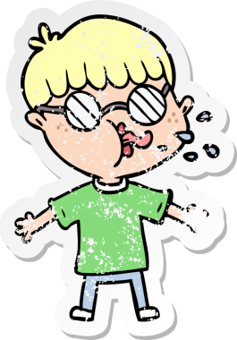 Bir insan tarafından çizilmiş gözlük takan çizgi film karakterinin sıkıntılı çıkartması.