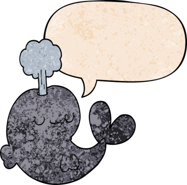 Konuşma baloncuğu olan sevimli bir çizgi film balinası insan tarafından çizilmiş.