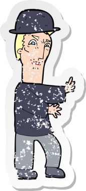 Bir insan tarafından çizilmiş melon şapka giyen bir çizgi film karakterinin gerilimli çıkartması.