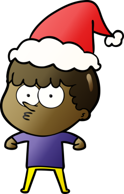 Bir insan tarafından çizilmiş Noel Baba şapkası giymiş meraklı bir çocuğun el çizimi karikatürü.