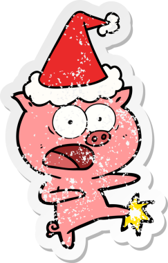 Bir insan tarafından çizilmiş Noel Baba şapkasıyla bağıran ve tekmeleyen bir domuzun el çizimi çıkartması.