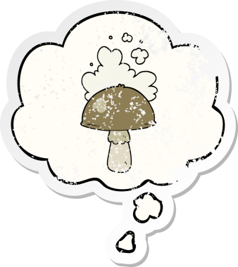Düşünce baloncuklu spor bulutlu karikatür mantarı insan tarafından çizilmiş yıpranmış bir çıkartma.