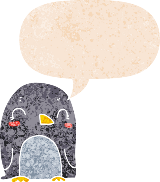 grunge 'da konuşma balonu olan karikatür pengueni bir insan tarafından çizilmiş tedirgin geçmiş dokulara sahip.