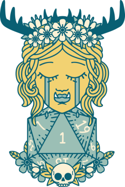 Retro Dövme Tarzı Hüzünlü Yarı Ork Druid Karakteri Bir zar bir insan tarafından çizilmiş