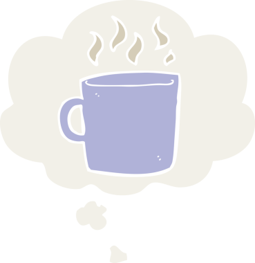 Düşünce baloncuklu bir fincan sıcak kahve insan tarafından çizilmiş.