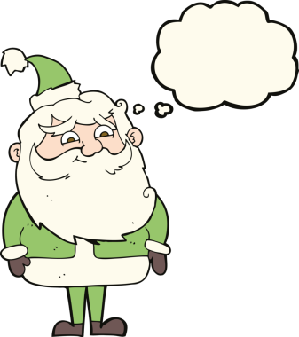 Bir insan tarafından çizilmiş düşünce baloncuklu Noel Baba çizgi filmi.