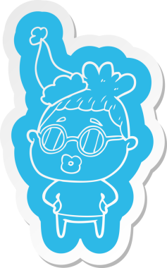 Kütüphaneci bir kadının gözlük taktığı, Noel Baba şapkası taktığı garip bir karikatür çıkartması. Bir insan tarafından çizilmiş.