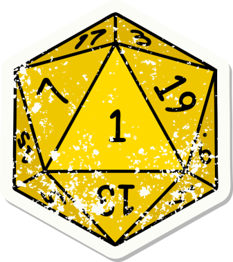 Bir insan tarafından çizilmiş 1 D20 zarının grunge sticker 'ı