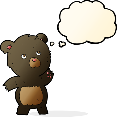 Bir insan tarafından çizilmiş düşünce baloncuklu meraklı kara ayı çizgi filmi.