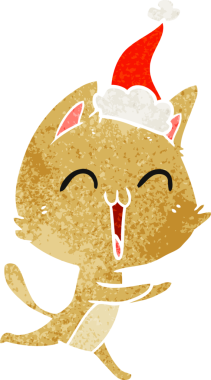 Mutlu el çizimi, miyavlayan bir kedinin insan tarafından çizilmiş Noel Baba şapkası.