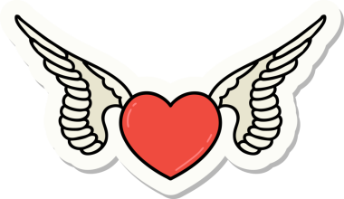 Bir insan tarafından çizilmiş kanatlı bir kalbin geleneksel stiliyle dövme çıkartması.