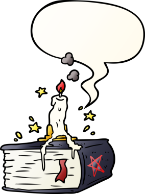 Bir insan tarafından çizilmiş yumuşak eğimli baloncuklu mum damlatan karikatür ürkütücü büyü kitabı.