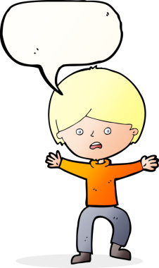 Bir insan tarafından çizilen konuşma baloncuğuyla panikleyen çizgi film çocuğu.