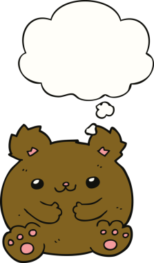 Bir insan tarafından çizilmiş düşünce baloncuklu çizgi film ayısı.