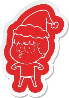 Bir insan tarafından çizilmiş Noel Baba şapkası giyen meraklı bir çocuğun garip çizgi film çıkartması.