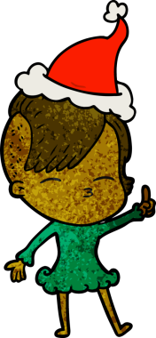 Bir insan tarafından çizilmiş Noel Baba şapkası giyen şaşı bir kızın el çizimi karikatürü.