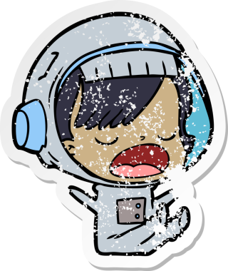 Bir astronot kadının insan tarafından çizildiğini açıklayan bir karikatür çıkartması.